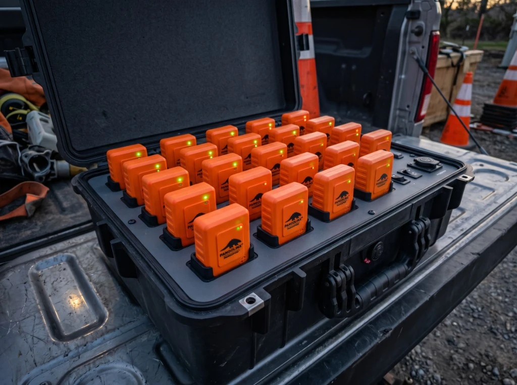 PangoDock rugged multi-bay charging case open on truck tailgate