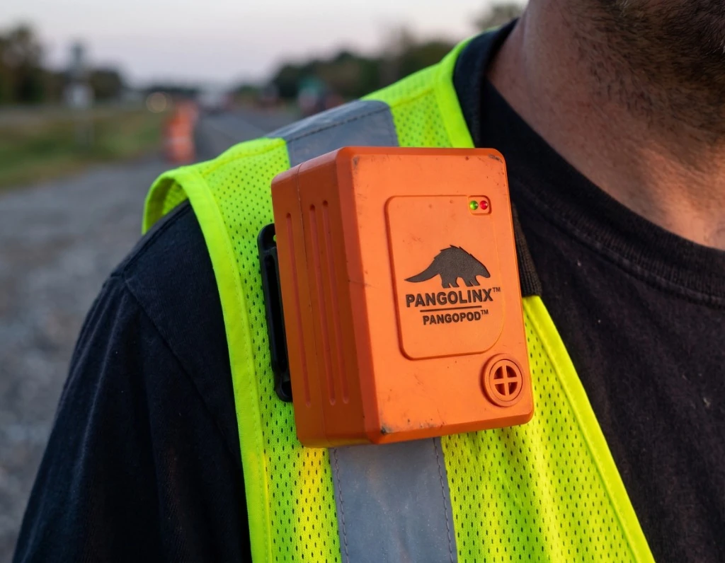 PangoPod wearable clipped to high-visibility safety vest shoulder loop